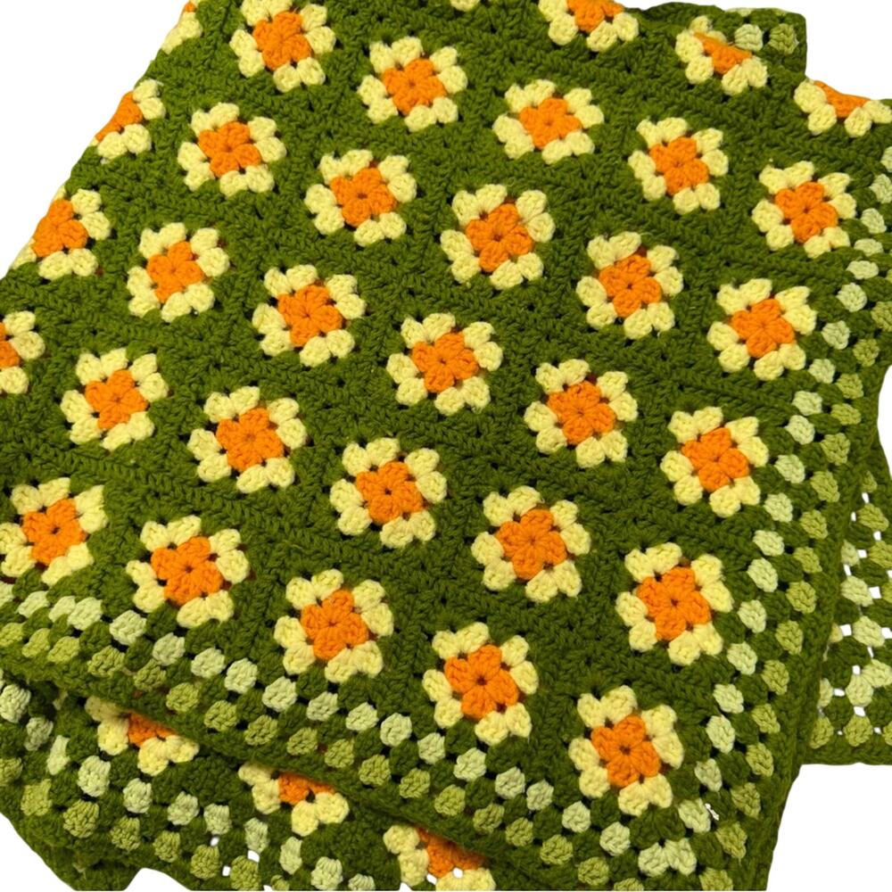 Vintage Green Orange Granny Square Knit Baby Blanket 36 X 38 Throw Accent Decor